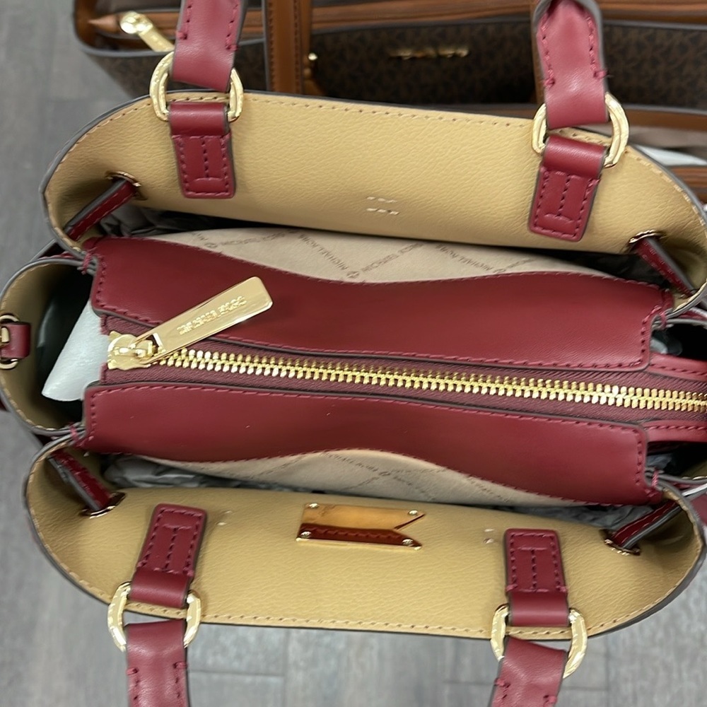 Michael Kors Reed Small Dark Cherry Leather Center Zip Belted Satchel Bag Purse - Picture 11 of 16